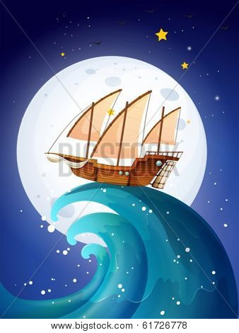 Illustration of a ship above the giant waves