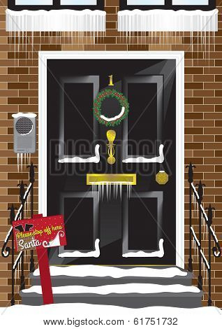 Christmas snow scene front door with wreath and santa sign