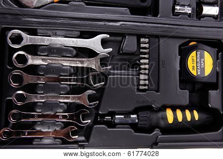 toolbox set of tools include hammer wrench bit driver pliers hex key bush level hex key