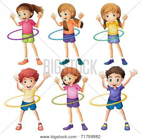 Illustration of the kids playing hulahoop on a white background