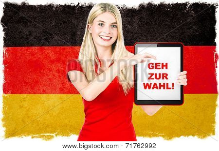 Young Woman With Tablet Pc And Germany Flag On Background
