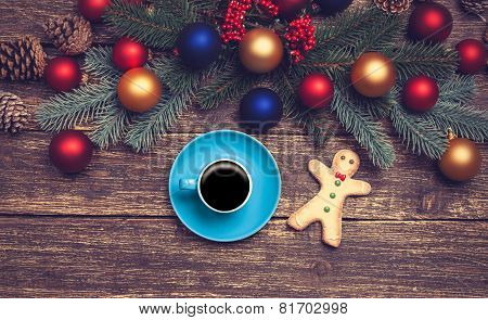 Hot Coffee On A Table Near Pine Branches With Chritmas Balls