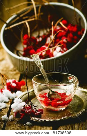 Fresh Berries Of A Guelder-rose In A Glass Cup On A Wooden Table.
