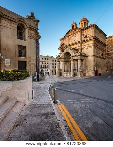 Saint Catherine Of Italy Church And Jean Vallette Pjazza In The Evening, Vallette, Malta