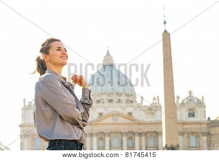 Portrait Of Young Woman In Front Of Basilica Di San Pietro In Va