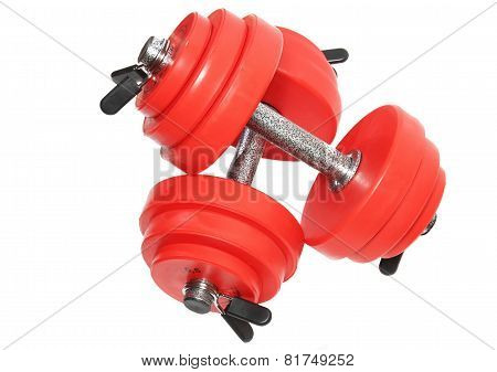 A Sporting Equipment - Two Red Dumbbells. Isolated