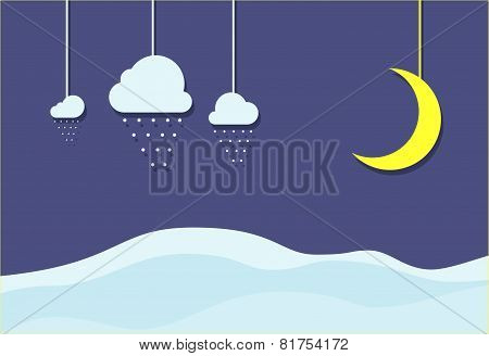 Winter night with snow field. Illustration.