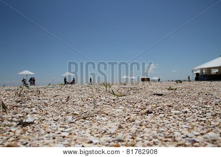 Shelly Beach Tourism Background With Blurred Umbrellas