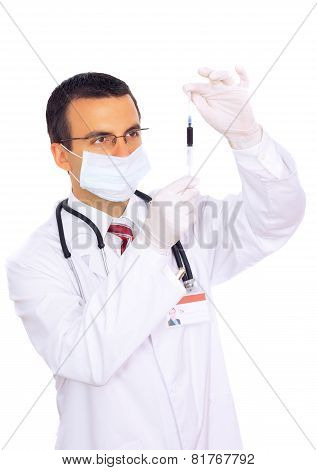 Doctor Resarch A Medical Test Syringe With Blood.