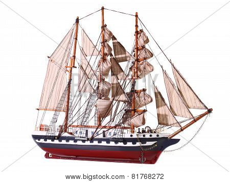 Model Of Sailing Frigate. Isolated.