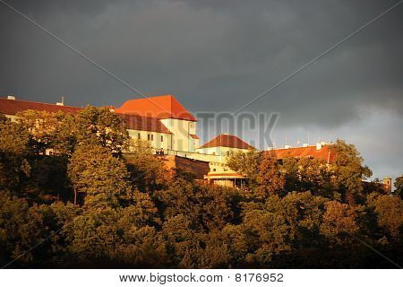 Castle And Fortification On The Hill In Sunset Light