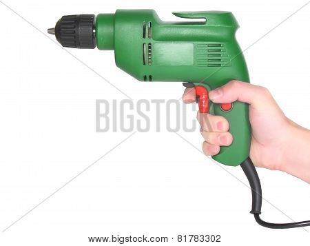 Electric Drill In A Hand Isolated On White.