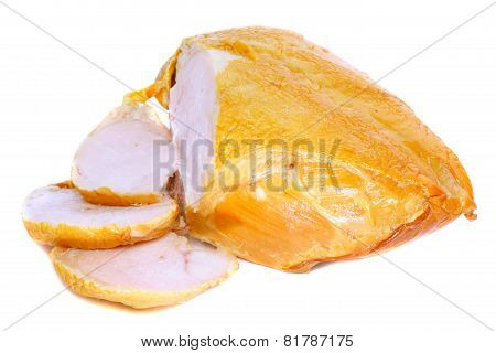Slice On Smoked Chiken With Knife . Isolated