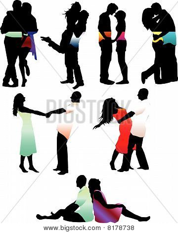 Conjunto de siluetas de amor feliz pareja. Ilustración del vector. Niños y niñas