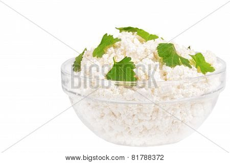 Fresh Cottage Cheese (curd) In Glass Bow, Isolated On White Background .