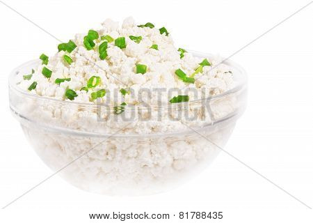 Fresh Cottage Cheese (curd) In Glass Bow, Isolated On White Background .