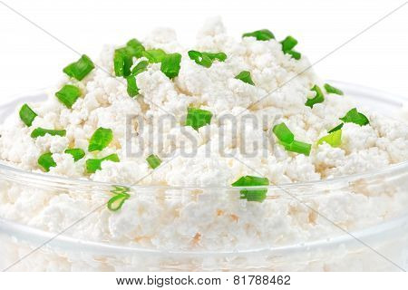 Fresh Cottage Cheese (curd) In Glass Bow, Isolated On White Background .