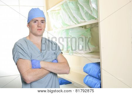 Medical staff sterilizing hands and arms before surgery