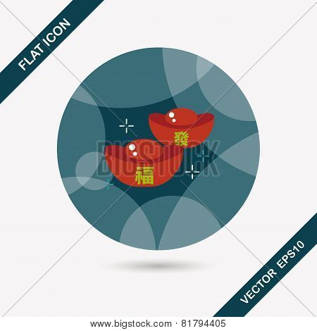 Chinese New Year Flat Icon With Long Shadow,eps10, Gold Ingot With Chinese Words Means 