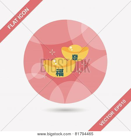 Chinese New Year Flat Icon With Long Shadow,eps10, Gold Ingot With Chinese Words Means 