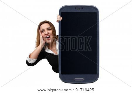 Smatrphone and a surprised Brazilian business woman with a copy space. Idea for carrier prices, smartphone sales discounts, digital detox, taking shots, amazing apps, accessing apps, and etc.