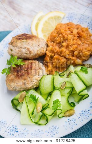 Delicious Fried Beef Meatball, Lentils And Salad With Fresh Cucumber