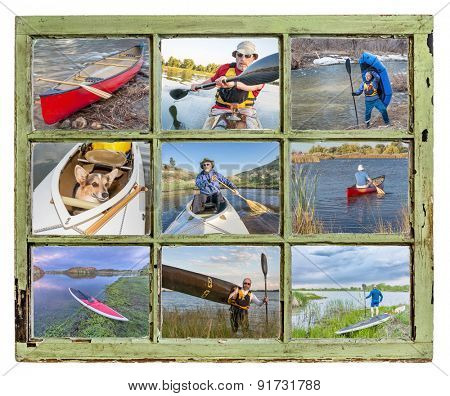 paddling vacation or recreation  concept - paddling kayak, canoe, SUP and packraft through vintage window, all pictures copyright by the photographer with the same model (self)
