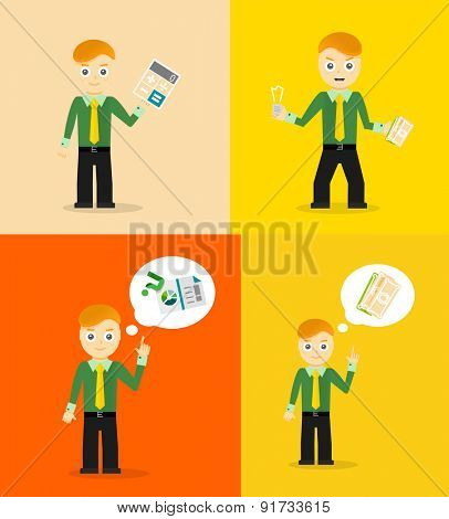 Set of cute cartoon young businessmen. Idea concept and finance report graph. Vector flat design