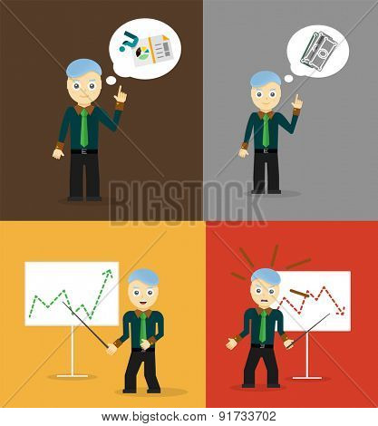Set of cute cartoon young businessmen. Idea concept and finance report graph. Vector flat design