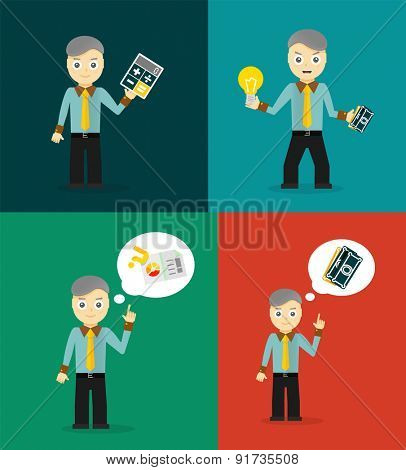 Set of cute cartoon young businessmen. Idea concept and finance report graph. Vector flat design