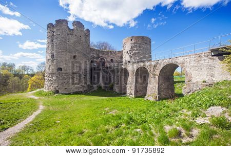 Medieval Russian Koporye fortress with two towers and bridge
