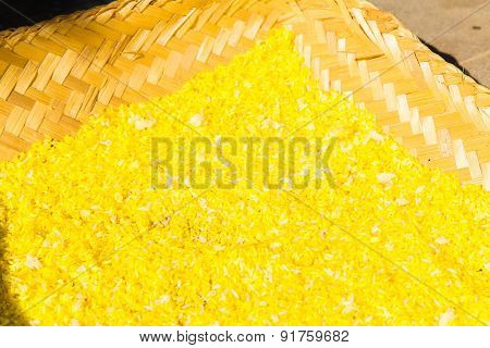 Cooked Yellow Rice In Moven From Palm Leaves Bowl