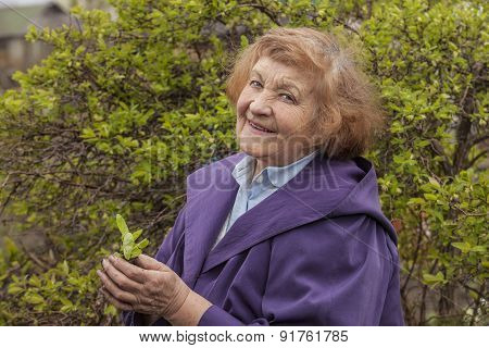 An Elderly Woman Model In The Garden