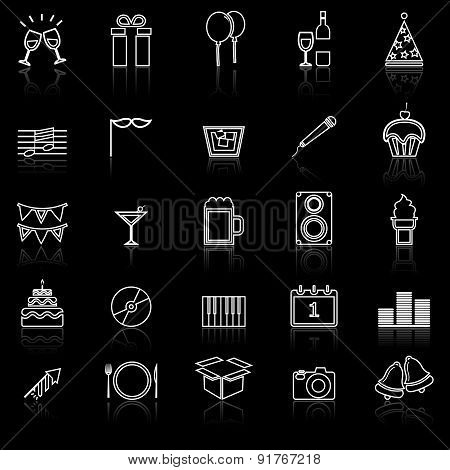 New Year Line Icons With Reflect On Black