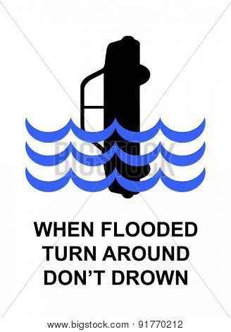 Traffic sign with car submerged in high water, with text 