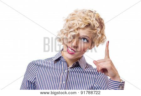 Confused Female With A Facial Expression Showing With Their Finger Up, Isolated On White Background.