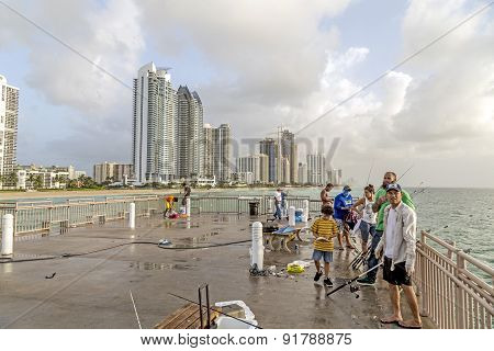People At Fishing Pier In Sunny Isles Beach , Florida