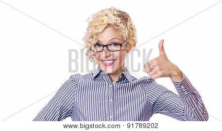 Young  Schoolteacher - Teacher Showing The Thumb Up Gesture With Smile On Her Face, Isolated On Whit