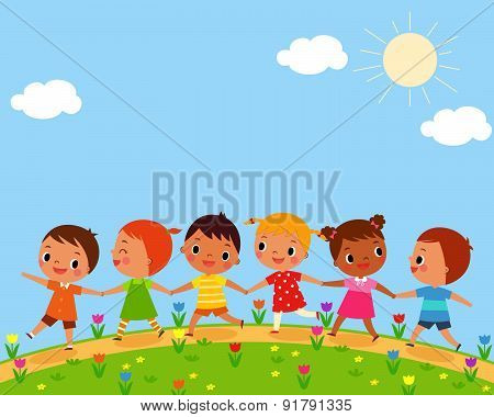 Children Walk On A Beautiful Spring Day