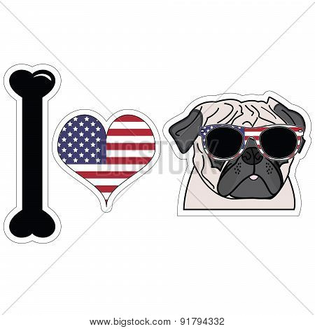 I Love Pug With American Symbols.