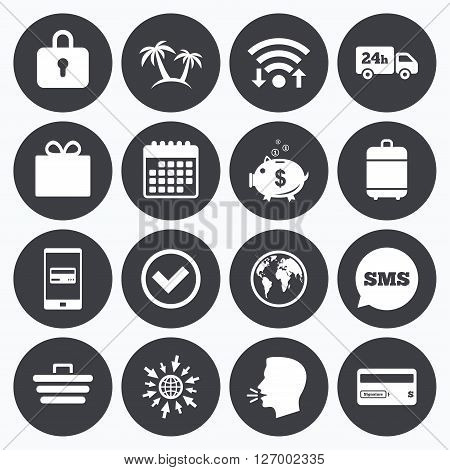 Wifi, calendar and mobile payments. Online shopping, e-commerce and business icons. Credit card, gift box and protection signs. Piggy bank, delivery and tick symbols. Sms speech bubble, go to web symbols.
