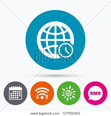 Wifi, Sms and calendar icons. World time sign icon. Universal time globe symbol. Go to web globe.