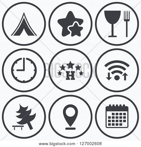 Clock, wifi and stars icons. Food, hotel, camping tent and tree icons. Wineglass and fork. Break down tree. Road signs. Calendar symbol.