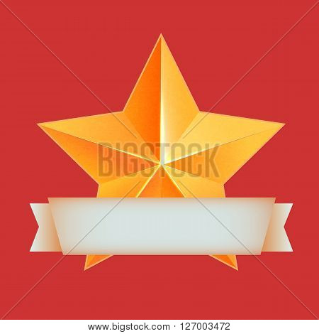 Realistic 3D gold star. Award winner. Good job. The best reward. bulk copper star. Simple star on a red background. The award for the best choice. Premium class. Golden 3d star with ribbon.