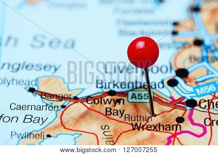 Ruthin pinned on a map of Wales