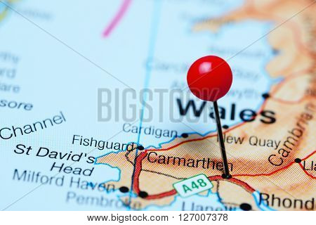 Carmarthen pinned on a map of Wales
