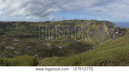Caldera of the extinct volcano Rano Kau within the UNESCO World Heritage Site of Rapa Nui National Park on Easter Island.