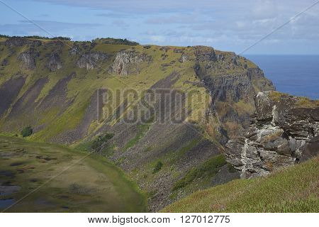 Caldera of the extinct volcano Rano Kau within the UNESCO World Heritage Site of Rapa Nui National Park on Easter Island.