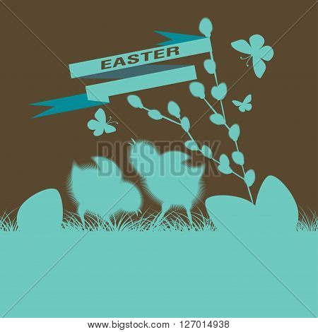 Cute chicks with spring flower and butterfly