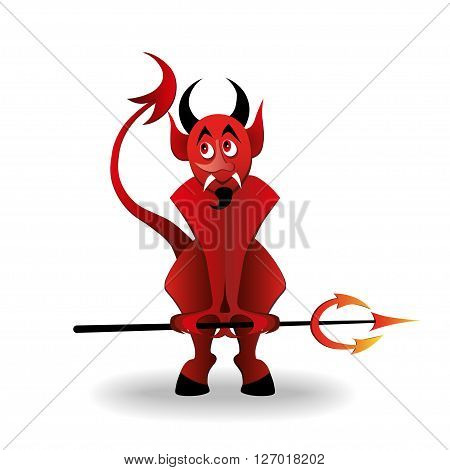 devil is standing and holding a pitchfork with a smile and hands on hips